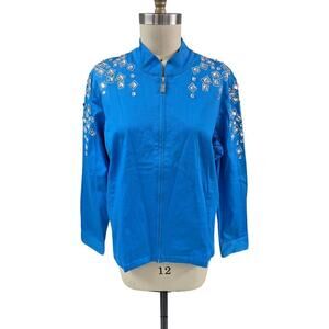 VTG 90s Bob Mackie Cotton Blend Zip Jacket Blue Silver Rhinestone Accents NWT XL
